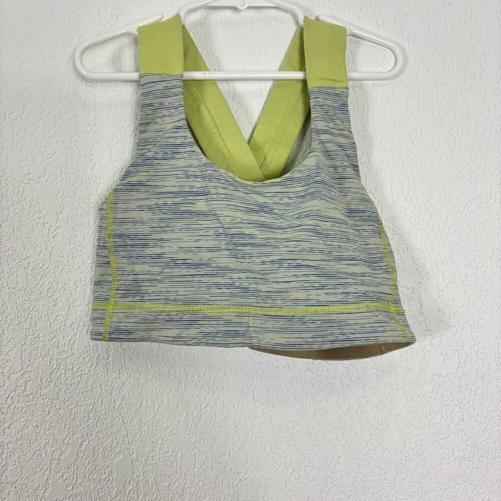 Lululemon Blue & White Patterned with Lime Green Criss Cross Strap Back Bra 6